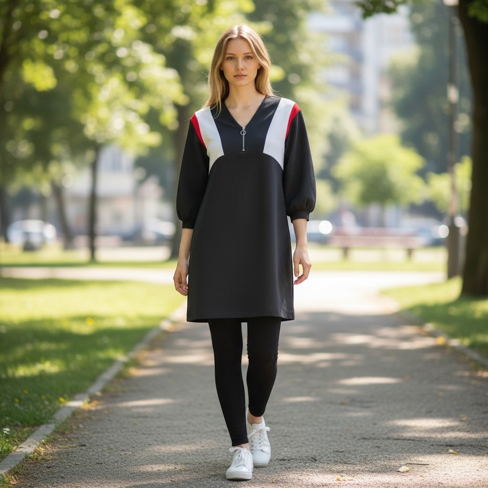 Zara Basic Colorblock Tunic Dress Womens Medium Black White Red Sporty Ring Zip